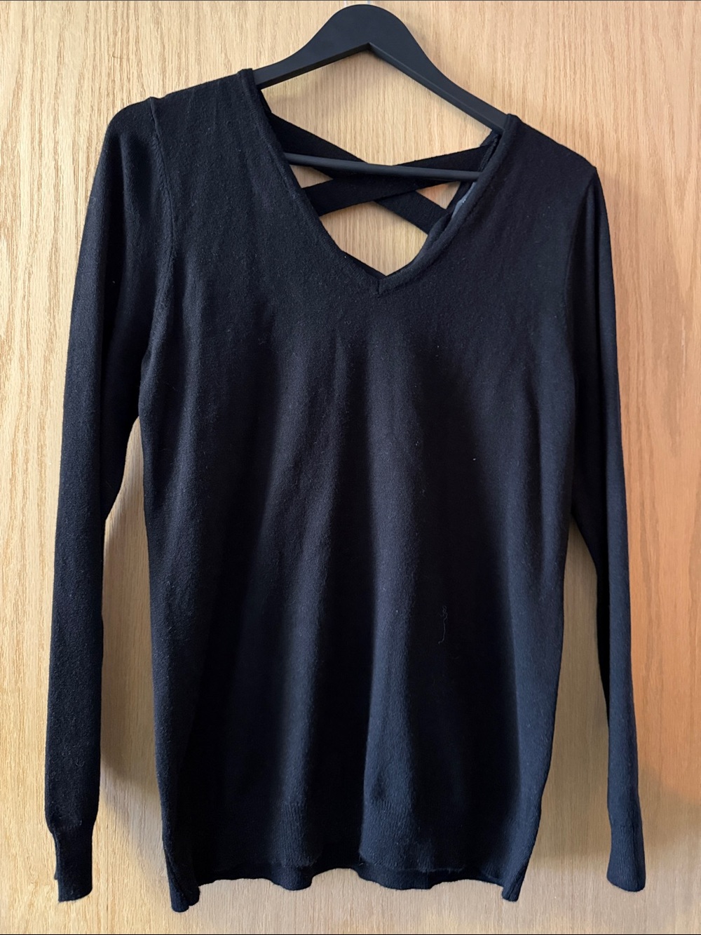 Women's Black Long-Sleeve V-Neck Top with Crisscross Back